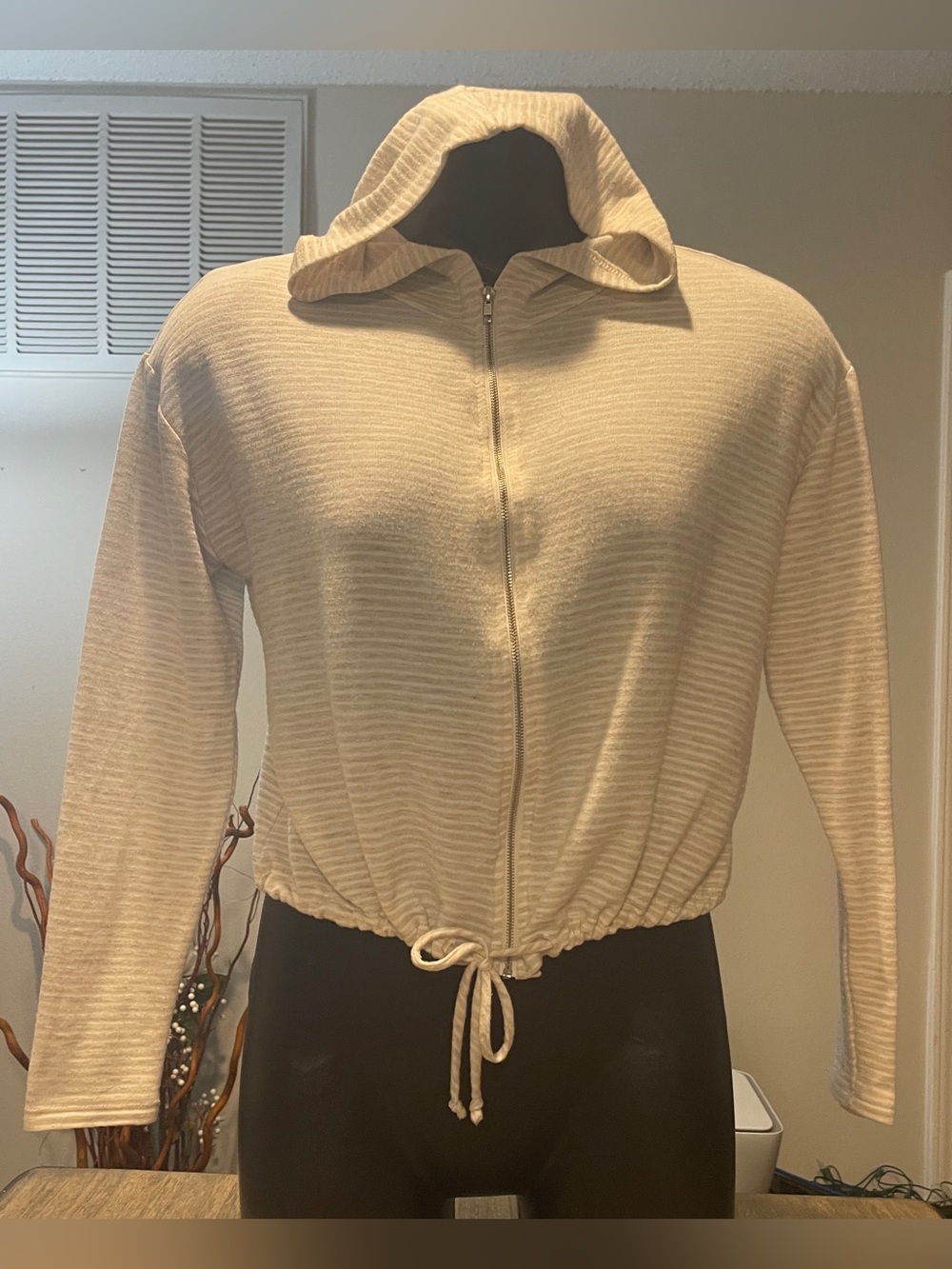 h.i.p. Soft Beige and White Zip-Up Hooded Top, Size XS